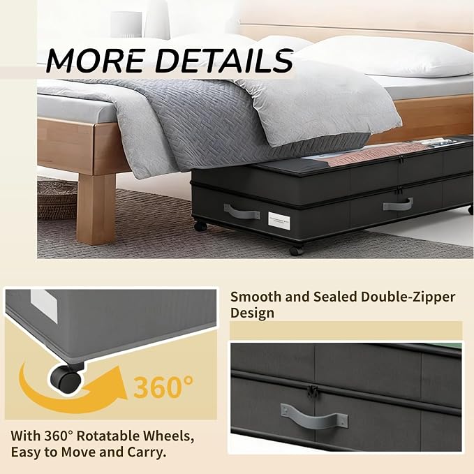 Under Bed Storage with Wheels, 72L Large Capacity Adjustable Height Underbed - Image 4