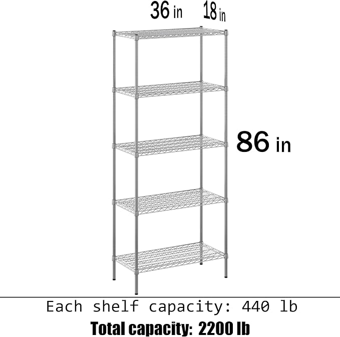 18" Deep x 36" Wide x 86" Height Wire Shelving Kit | 5-Tier | NSF Commercial - Image 3