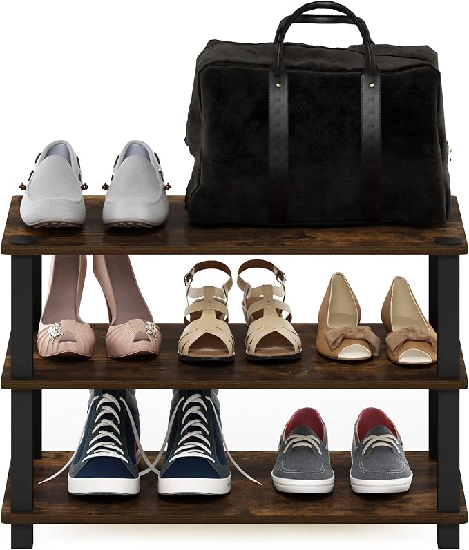 Furinno Turn-S-Tube 3-Tier Shoe Rack, Amber Pine/Black - Image 4