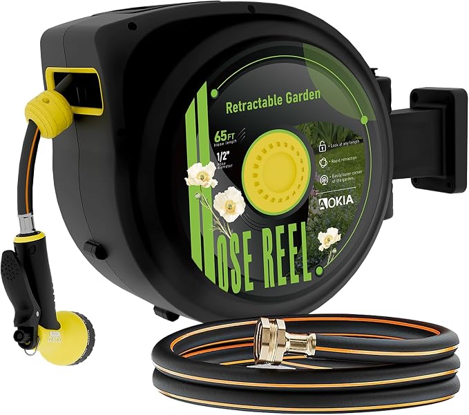 Hose Reel, Retractable Garden Hose Reel, 65 ft x 1/2 inch Garden Hose by AOKIALLC