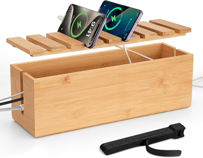 Extra Large Cable Management Box, Bamboo Cable Organizer Storage and Power by KSORUSL