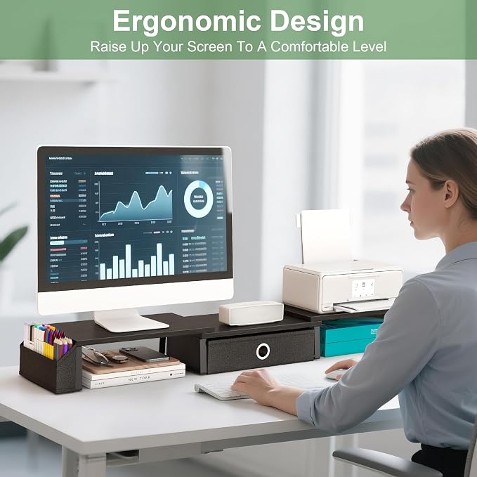 Dual Monitor Stand Riser w/ Drawer & Metal Leg, Large Computer Monitor Riser w/ - Image 5
