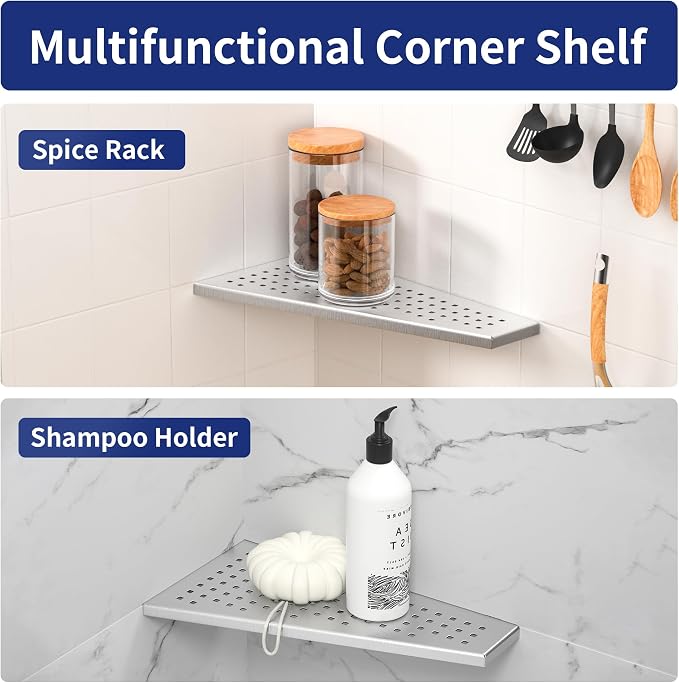Corner Shower Shelf, Brushed 12" Trapezoid Floating Shelf, 304 Stainless Steel - Image 7