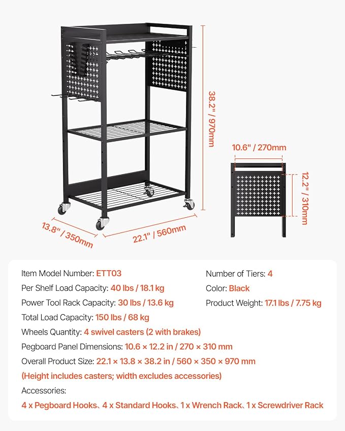 VEVOR 4-Tier Tool Organizer Cart, 150 lbs Load Capacity, Floor Stand Rolling - Image 7