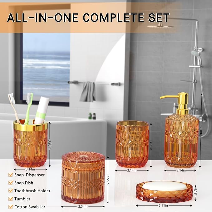 Orange Bathroom Accessories Set, Soap Dish, Toothbrush Holder, Cotton Swab Jars - Image 6