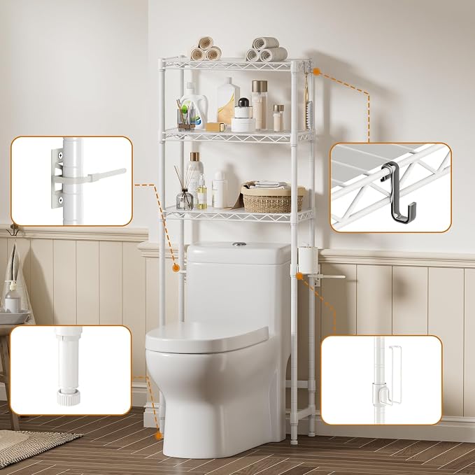 Over The Toilet Shelf, 3-Tier Adjustable Freestanding Metal Bathroom Organizer - Image 7