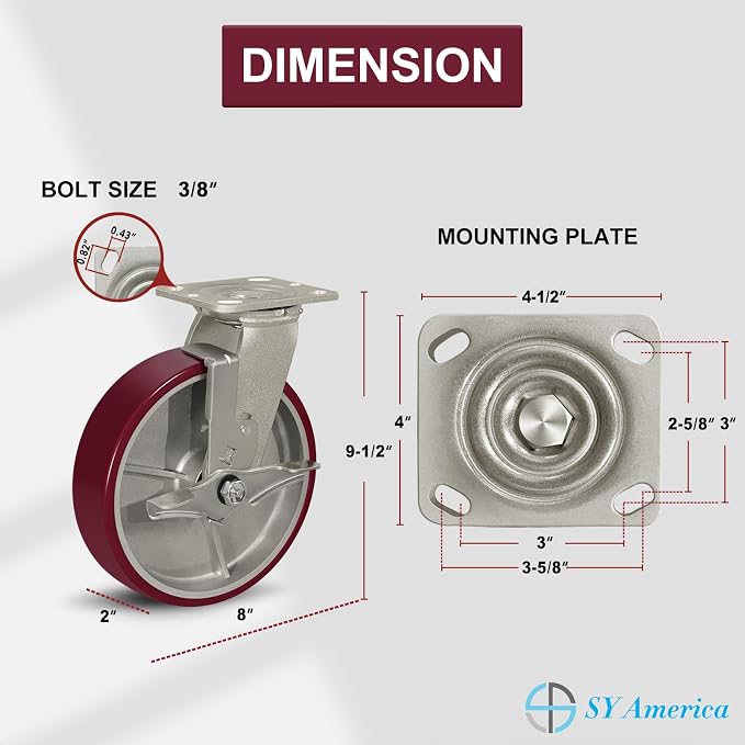 SY America 8" X 2" Casters Wheels, Heavy Duty Industrial Casters，Polyurethane - Image 2