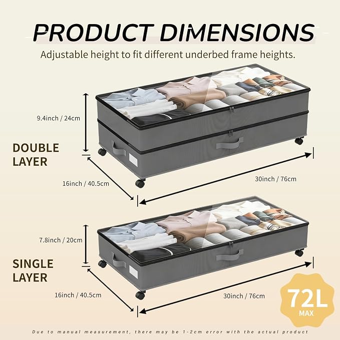Under Bed Storage with Wheels, 72L Large Capacity Adjustable Height Underbed - Image 3