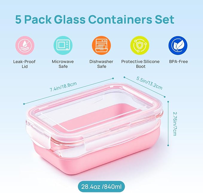 Vtopmart 5 Pack 28oz Glass Food Storage Containers Set - Image 2