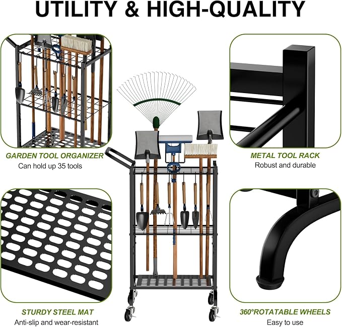 Garden Tool Organizer with Wheels, Yard Tool Tower Rack - Image 3
