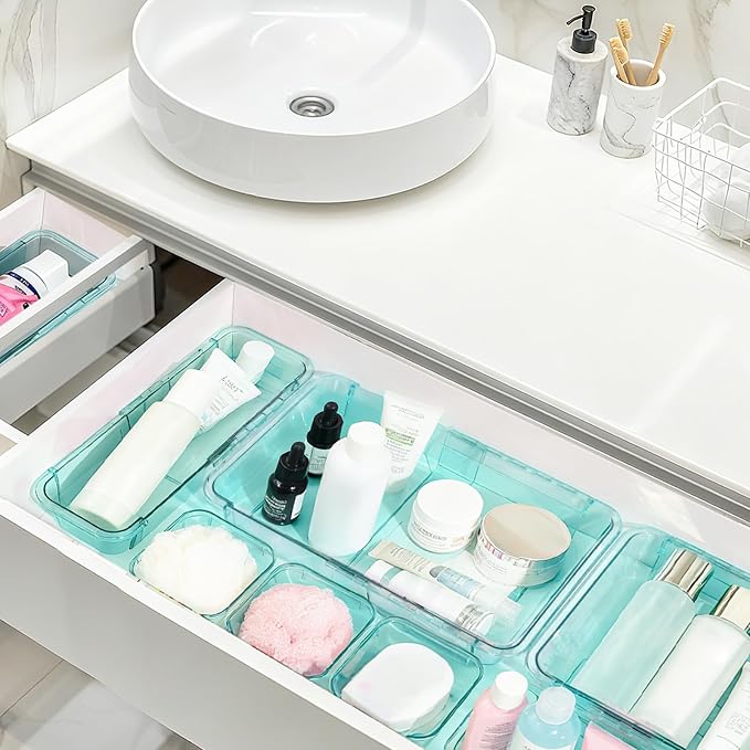 14 Pcs Adjustable Clear Drawer Organizer, Extendable Vanity Storage Bins - Image 5