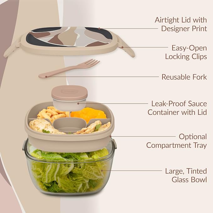 Bentgo Glass Prints All-in-One Salad Container - 61oz Tinted Glass Salad Bowl - Image 5