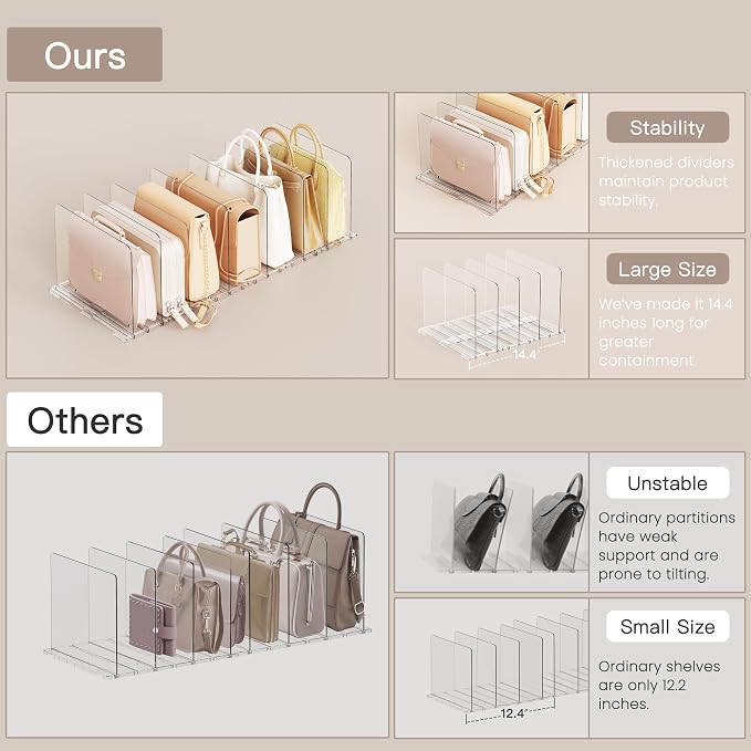 Criusia Adjustable Closet Purse Organizer Rack – 28.8" Extra-Long Shelf Divider - Image 9