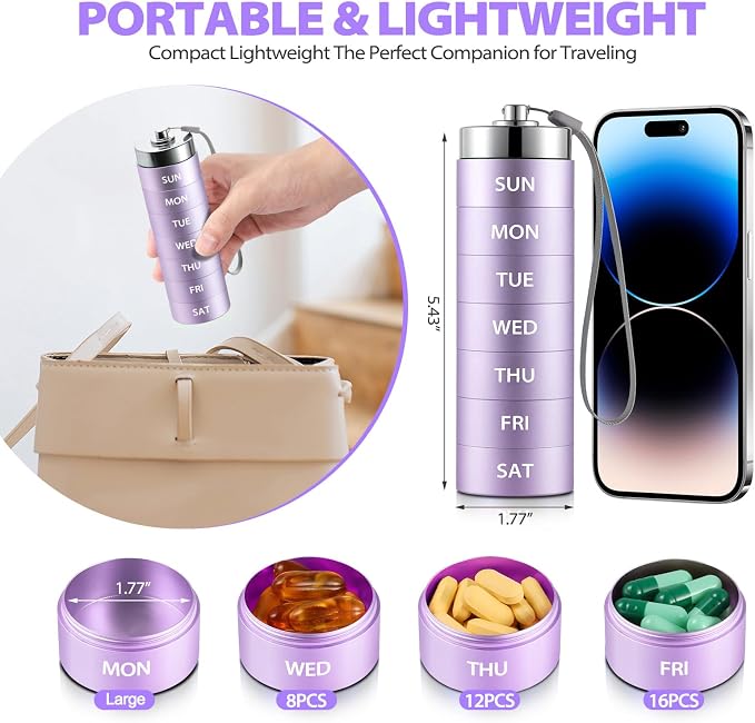 Large Weekly Pill Organizer, Metal Travel Pill Box, Portable Aluminum Alloy - Image 2