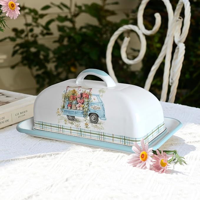 Enamel Butter Dish with Lid Vintage Enamelware Butter Keeper with Flower and - Image 2