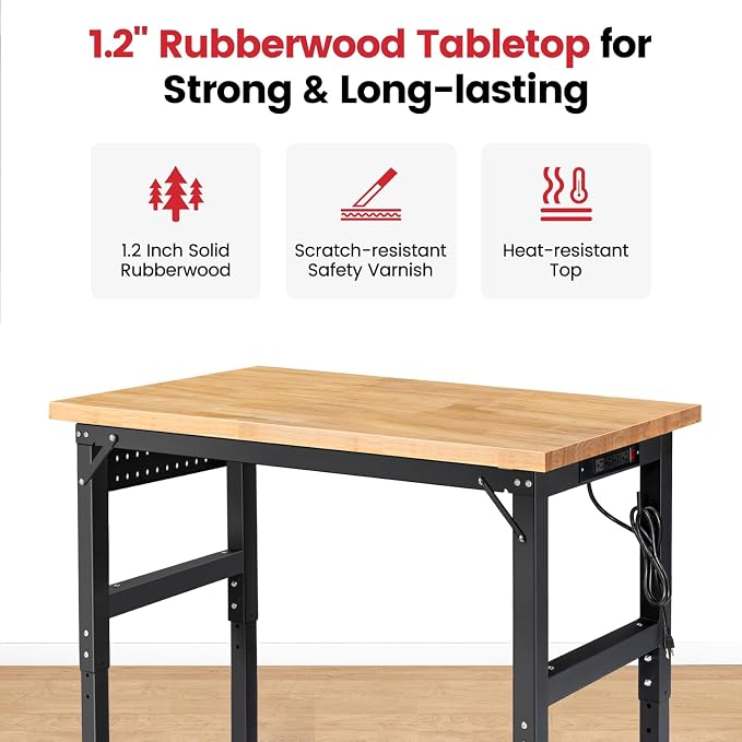 Work Bench with Wheels 48 x 20 Inch Heavy Duty Rubberwood Tabletop Garage - Image 5