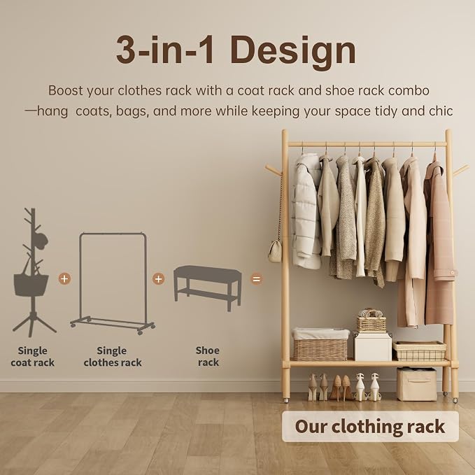 Solid Wood Clothing Rack, Rolling Clothes Rack - Image 7