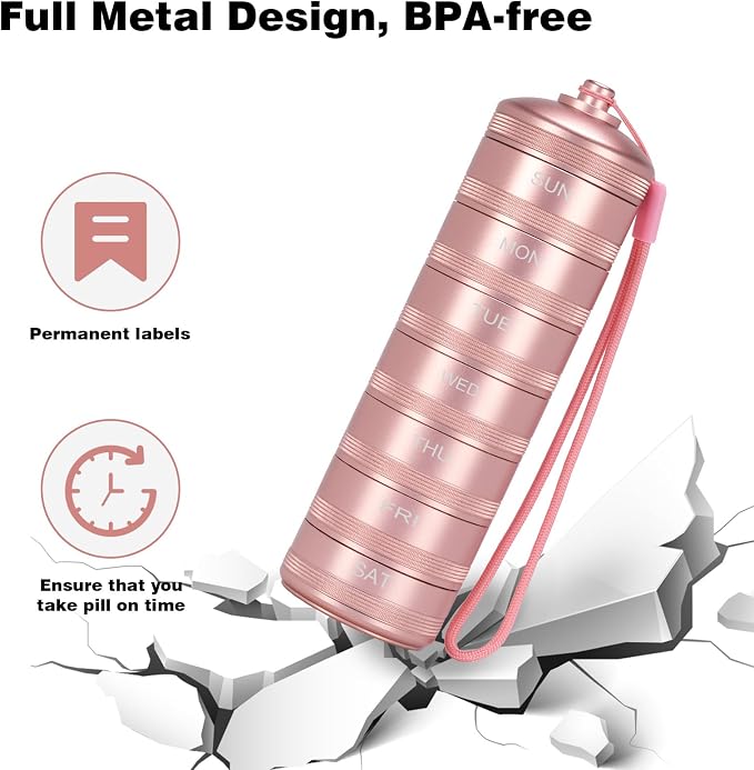 XHT Pink Weekly Metal Pill Organizer 7 Day 2 Times a Day – Aesthetic Waterproof - Image 3