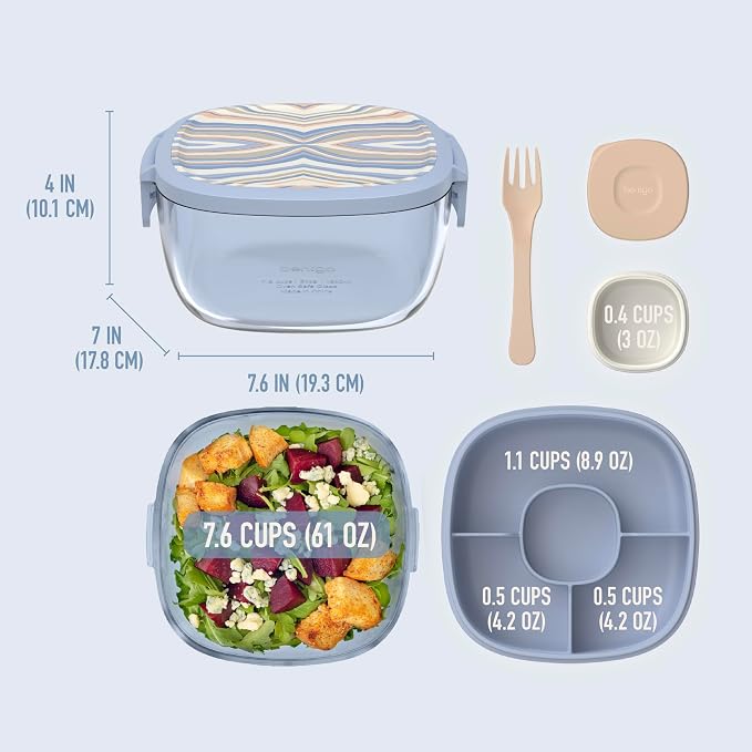 Bentgo Glass Prints All-in-One Salad Container - 61oz Tinted Glass Salad Bowl - Image 6