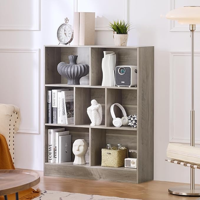 LEYAOYAO 7 Cube Bookshelf with Base, 3 Tier Mid-Century Modern Grey Bookcase - Image 8