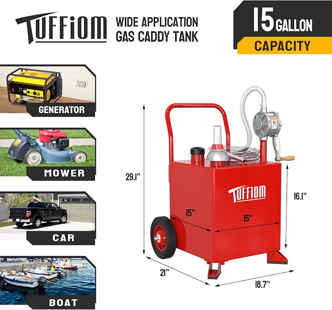 TUFFIOM 15 Gallon Fuel Gas Caddy w/Wheels & Manual Siphon Pump, Portable Diesel - Image 6