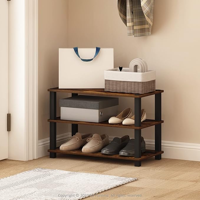 Furinno Turn-S-Tube 3-Tier Shoe Rack, Amber Pine/Black - Image 2