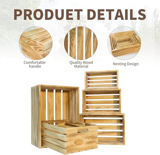 5 Pcs Decorative Wood Crates for Display, 5 Size Large Farmhouse Wooden Basket - Image 3