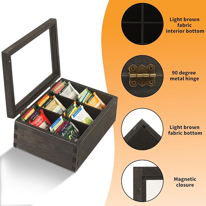 LI.TOPWP Black Wood Tea Bag Organizer, 6 Compartment Multi-Functional Tea Box - Image 6