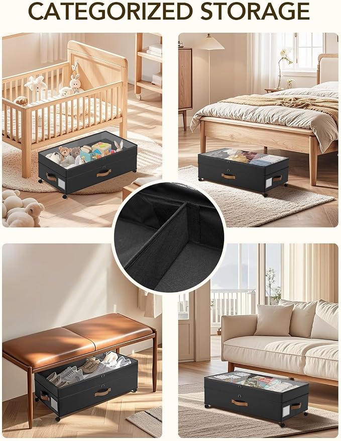 4 Pack Under Bed Storage with Wheels, Adjustable Height Storage Containers - Image 7
