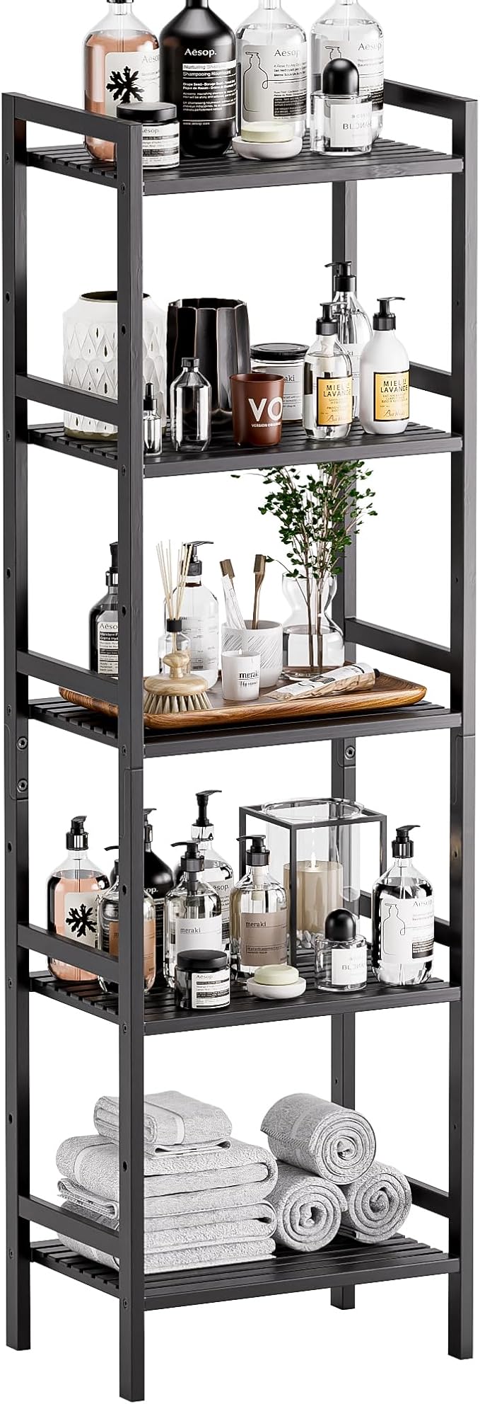 HITNET 5 Tier Narrow Bookshelf, Bamboo Bookcase, Slim Tall Storage Rack Free by HITNET
