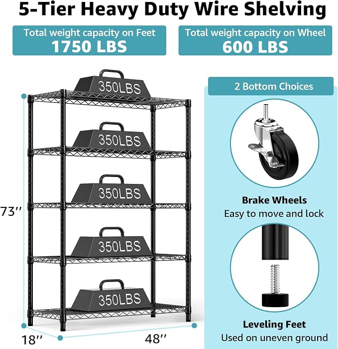 5-Shelf Storage Shelves, Wire Shelving Heavy Duty Metal Storage Shelving Unit - Image 3