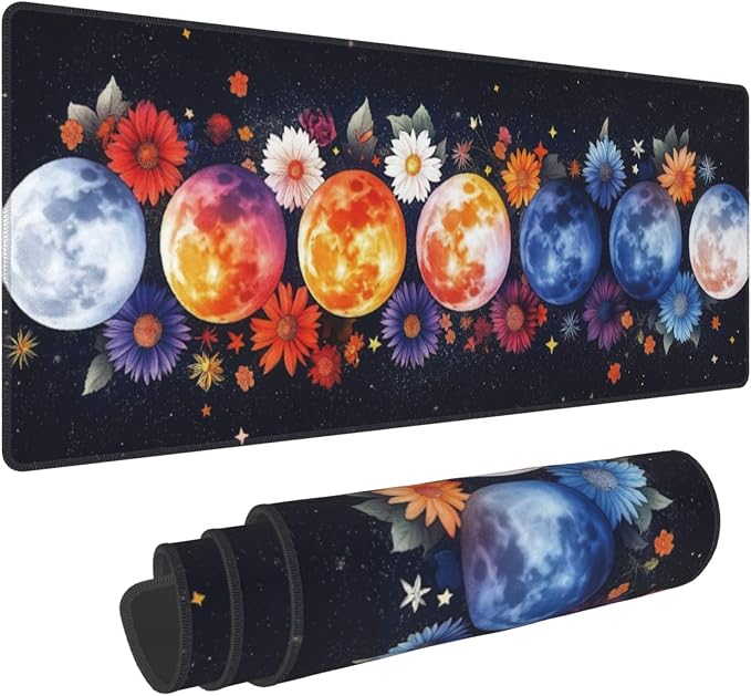 Colorful Moon Phases Large Mouse Pad, Watercolor Flowers Gaming Desk Mat - Image 2
