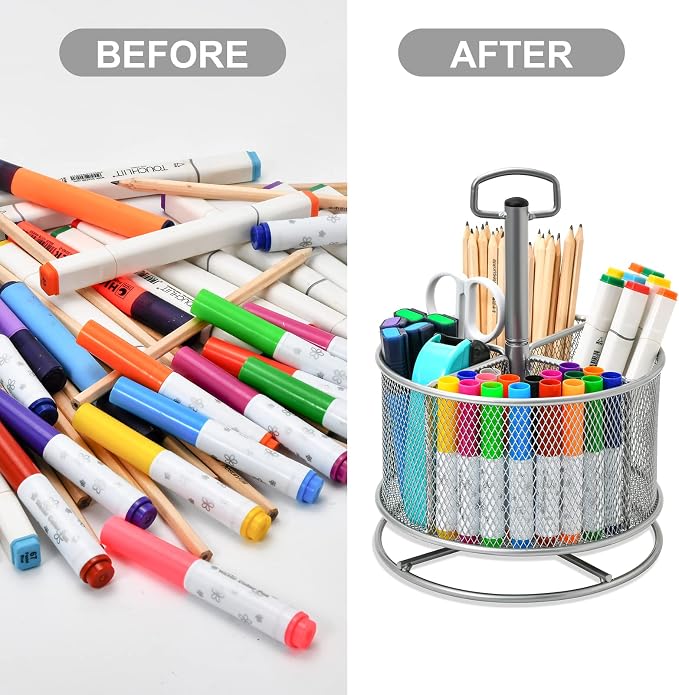 Marbrasse Mesh Desk Organizer, 360-Degree Rotating Multi-Functional Pen Holder - Image 6