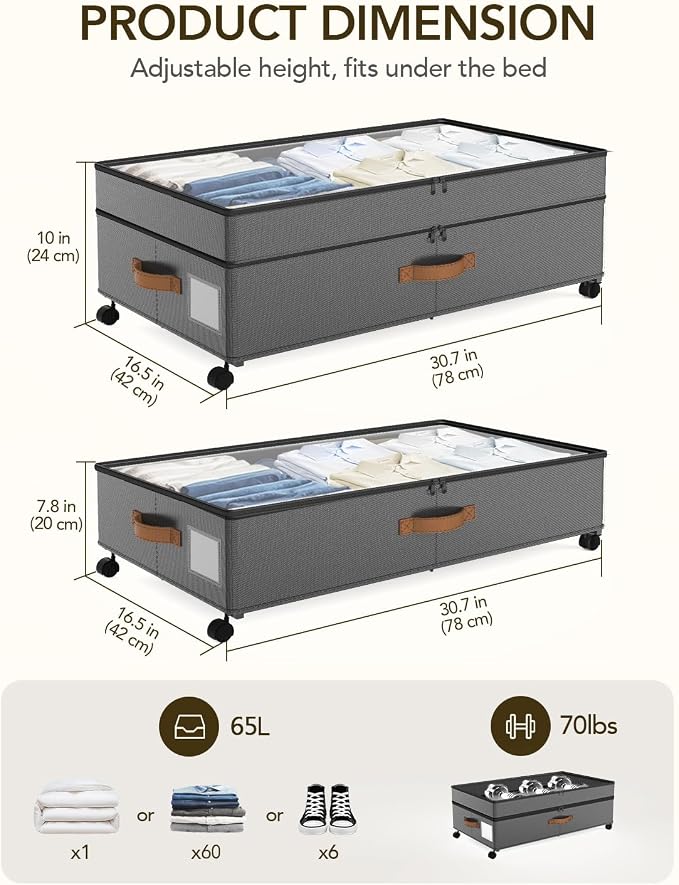 Under Bed Storage with Wheels, 10 inches Under Bed Storage Containers, 65L XXL - Image 2