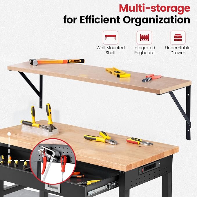 Workbench with Shelf Bracket 48 x 24 Inch Heavy Duty Rubberwood Tabletop Work - Image 3