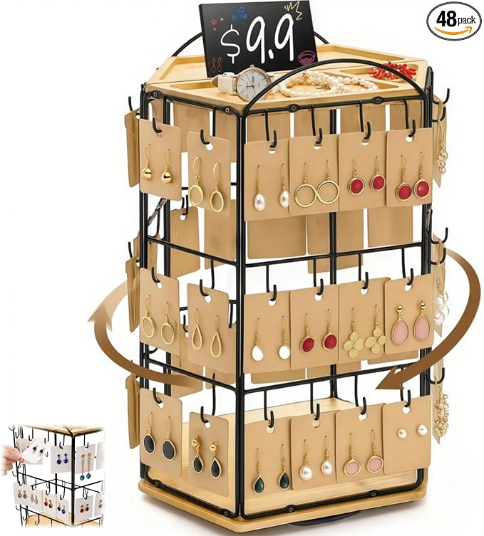 Rotating Earring Display Stand for Vendors, 48 Hooks Hexagon Bamboo Jewelry by YIMITEE