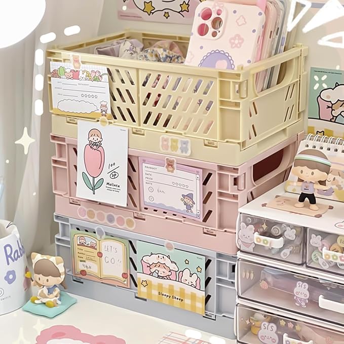 Small Pastel Plastic Storage Bins 2Pcs Foldable Pastel Crates Plastic Basket - Image 3
