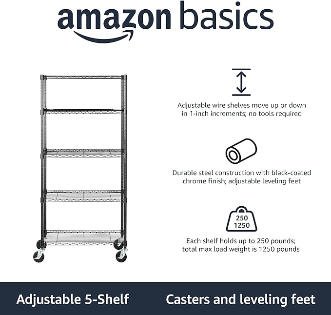 Amazon Basics 5-Shelf Adjustable, Heavy Duty Storage Shelving Unit on 4'' Wheel - Image 2