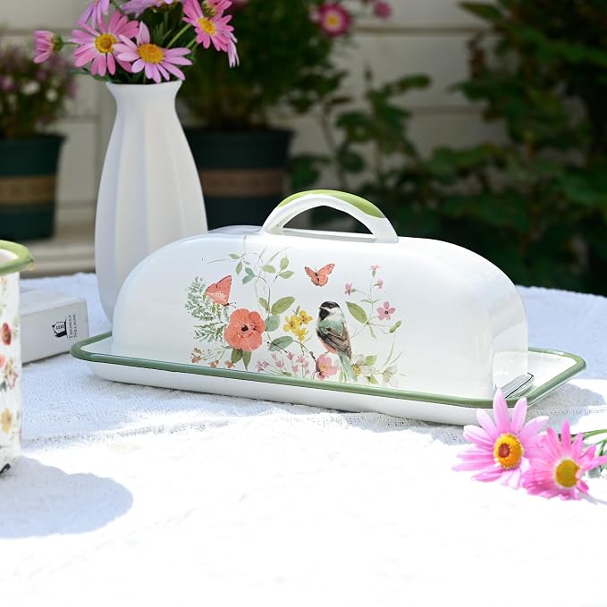 Enamel Butter Dish with Lid Vintage Enamelware Butter Keeper with Flower and - Image 4