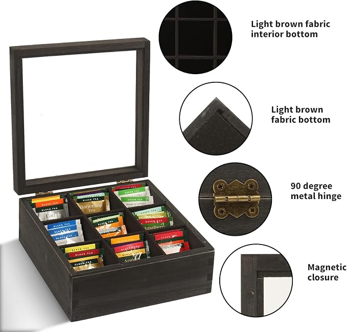 Black Wood Tea Bag Organizer, 9 Compartment Multi-Functional Tea Box and - Image 6
