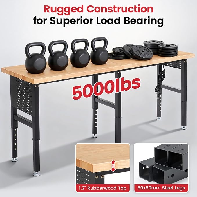 Work Bench 84 x 24 Inch Adjustable Height Rubber Wood Top Work Table 5000 Lbs - Image 2