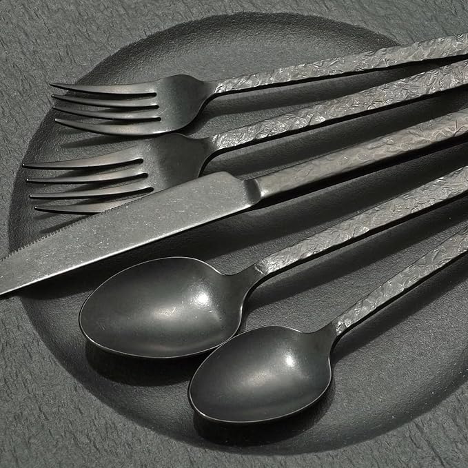 KINGSTONE 60 Pcs Black Hammered Silverware Set - Image 4