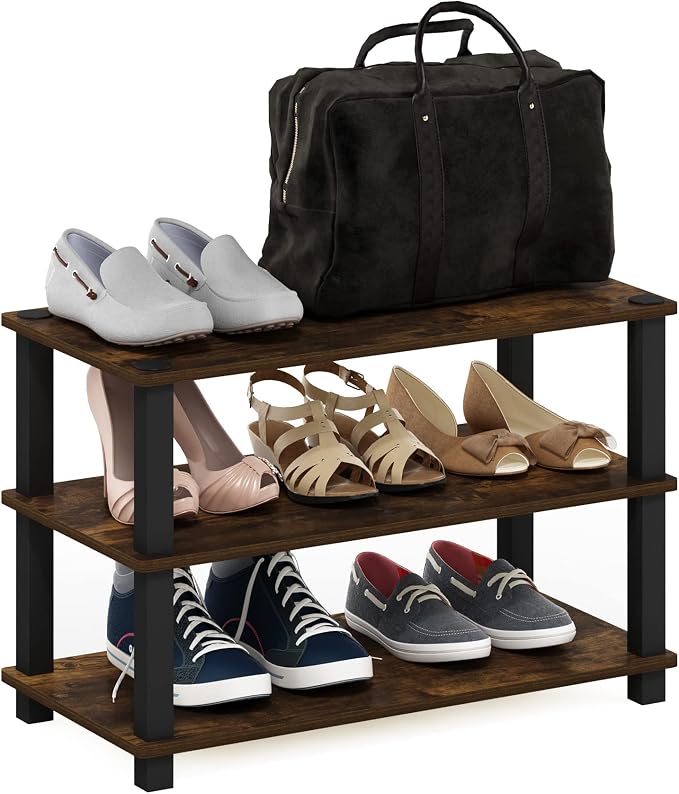 Furinno Turn-S-Tube 3-Tier Shoe Rack, Amber Pine/Black by Furinno-FitsYourSpaceFitsYourBudget