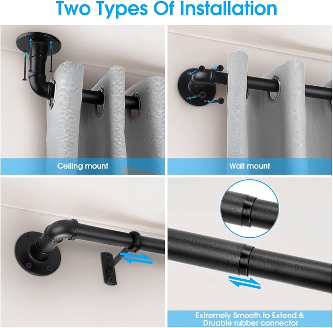 Black Industrial Curtain Rod, 30-168 Inch, Window Treatment Single Rods - Image 4
