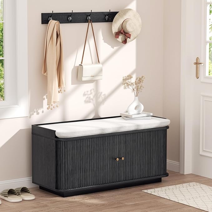 Hall Tree with Bench and Shoe Storage, Entryway Bench with Sliding Door Cabinet by Unknown