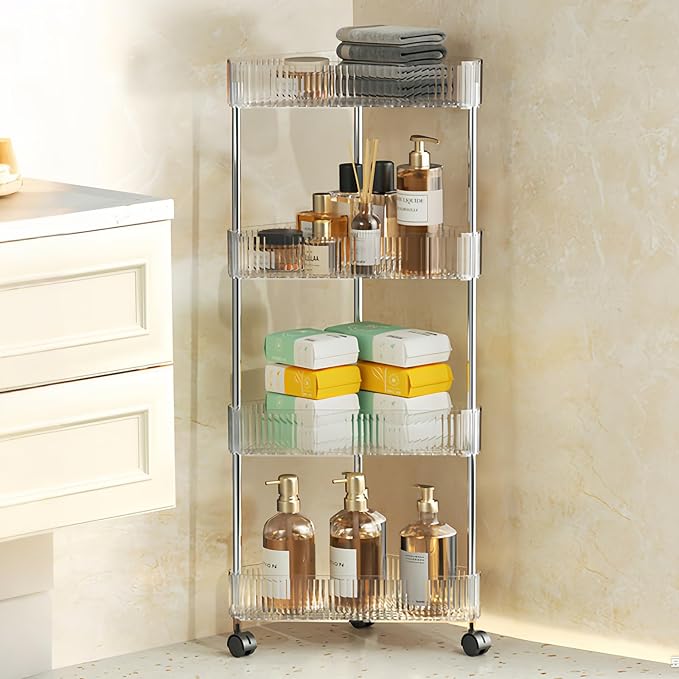 4 Tier Triangle Acrylic Rolling Storage Cart, Barhroom Corner Shelf, Slim - Image 3