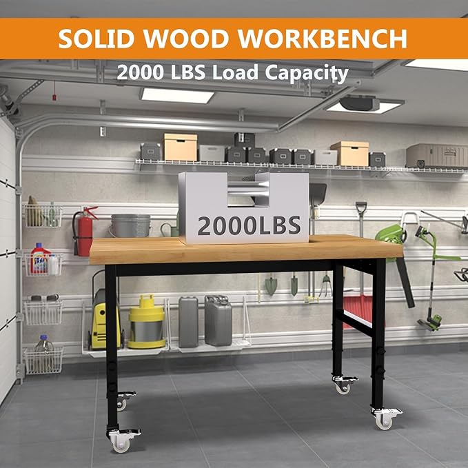 48" Solid Wood Work Bench, Adjustable Height Workbench - Image 7