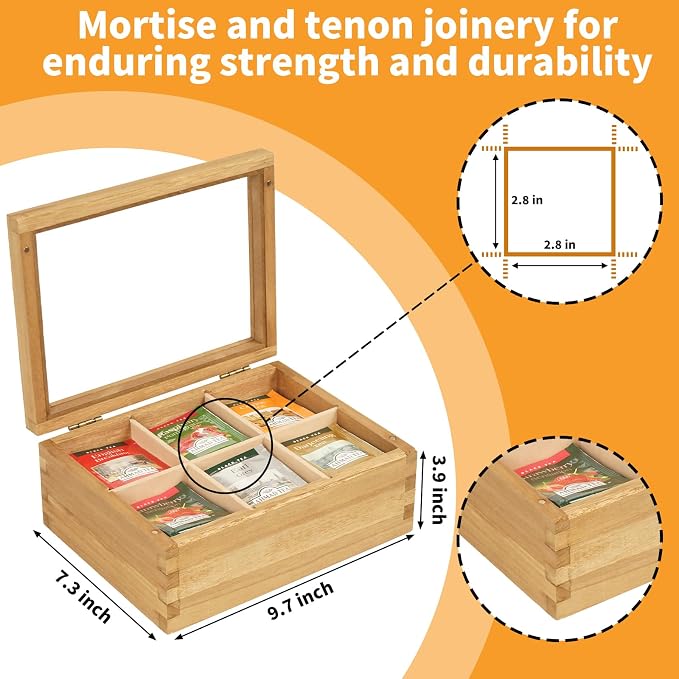 Wood Tea Bag Organizer, 6 Compartment Multi-Functional Tea Box and Storage - Image 2
