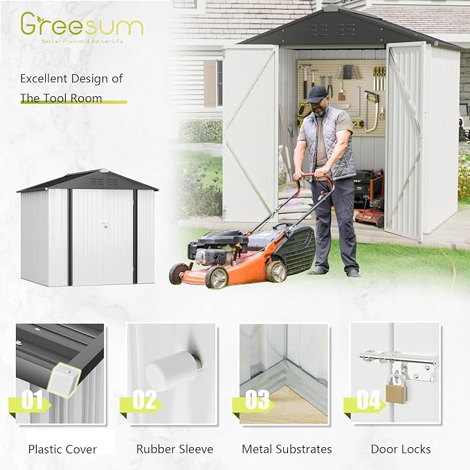 Greesum 6x4FT Outdoor Storage Shed, Utility Tool Shed Metal Storage Garden Shed - Image 6