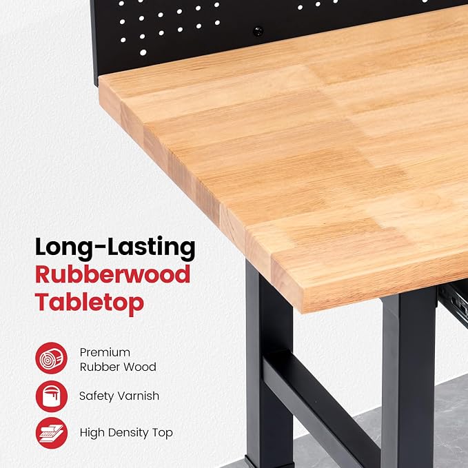 Work Bench with Wheels 60 x 22 Inch Heavy Duty Rubberwood Tabletop Work Table - Image 5